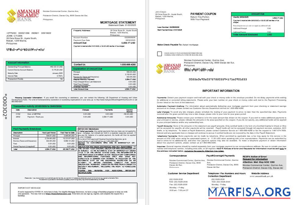 Downloadable Philippines Al Amanah Islamic Investment bank mortgage statement in Word and PDF formats 1 2 real example